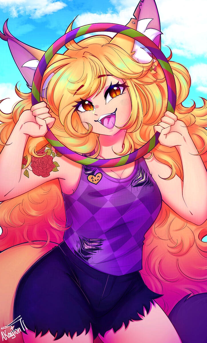 Halfbody art showing acuteferal smiling while looking through a hoola hoop that frames her face, illustrated by Akayton.