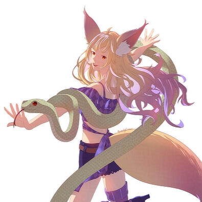 Circular cropped view of fullbody art showing acuteferal facing away and smiling while looking back over her shoulder that has a large green serpent draped over and around her, illustrated by Pearl Zheng.