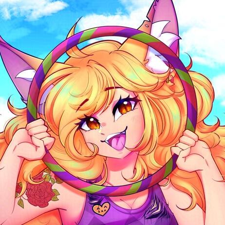 Circular cropped view of halfbody art showing acuteferal smiling while looking through a hoola hoop that frames her face, illustrated by Akayton.