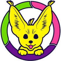 acuteferal's logo of a smiling fennec fox peeking through a hoola hoop, animated so whole logo rotates in a circle, graphic by Magical High Priestess Theodora Ushiromiya.